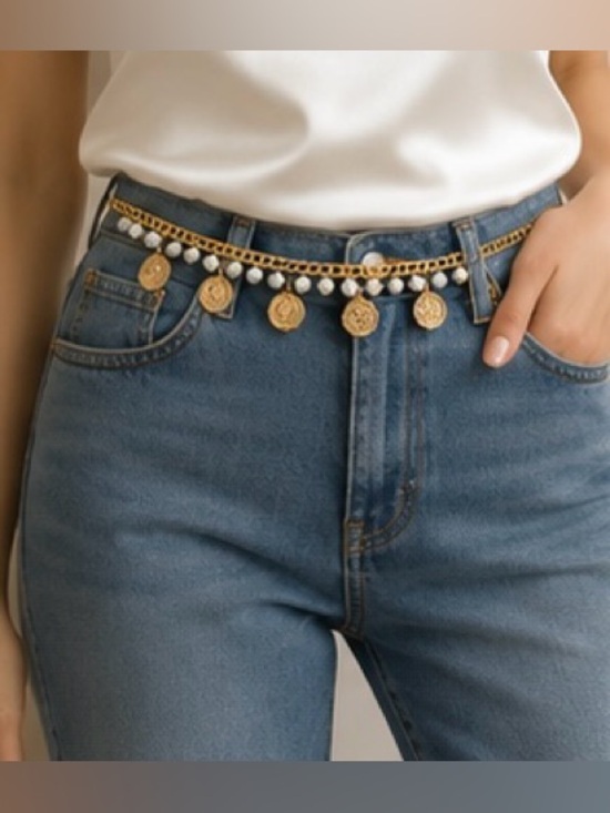 Anthropologie Accessories - Gold Coin & Pearl Chain Waist Belt | Vintage Luxe Body Chain | Adjustable Boho